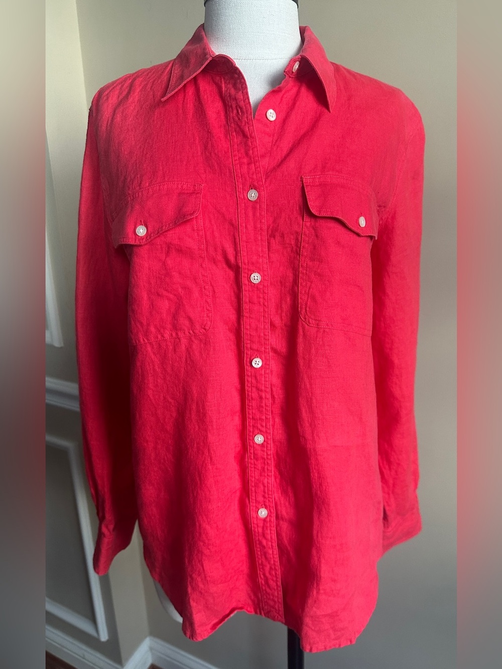 LAUREN Ralph Lauren 100% Linen Watermelon Pink Red Button Down Shirt, Large
